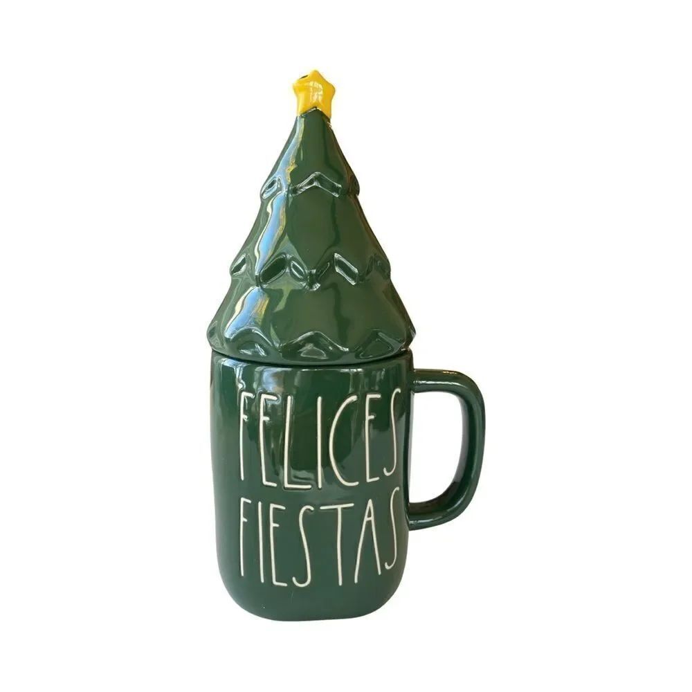 Rae Dunn Christmas Tree Felices Fiestas Mug Figural Topper Ceramic Green NWT